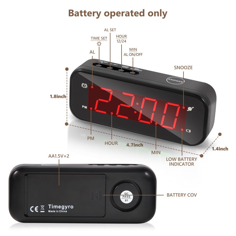Timegyro Small Digital Clock Battery Operated, LED Travel Alarm Clock Battery Powered with Snooze, Cordless, Brightness Adjustable, 12/24Hr, Easy to Use - Image 2